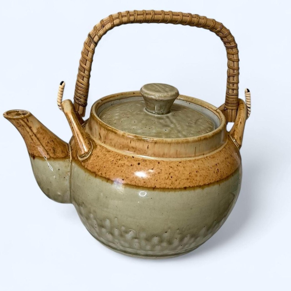 Vintage Green Tan Brown Rattan Whicker Otagiri Japanese Ceramic Teapot